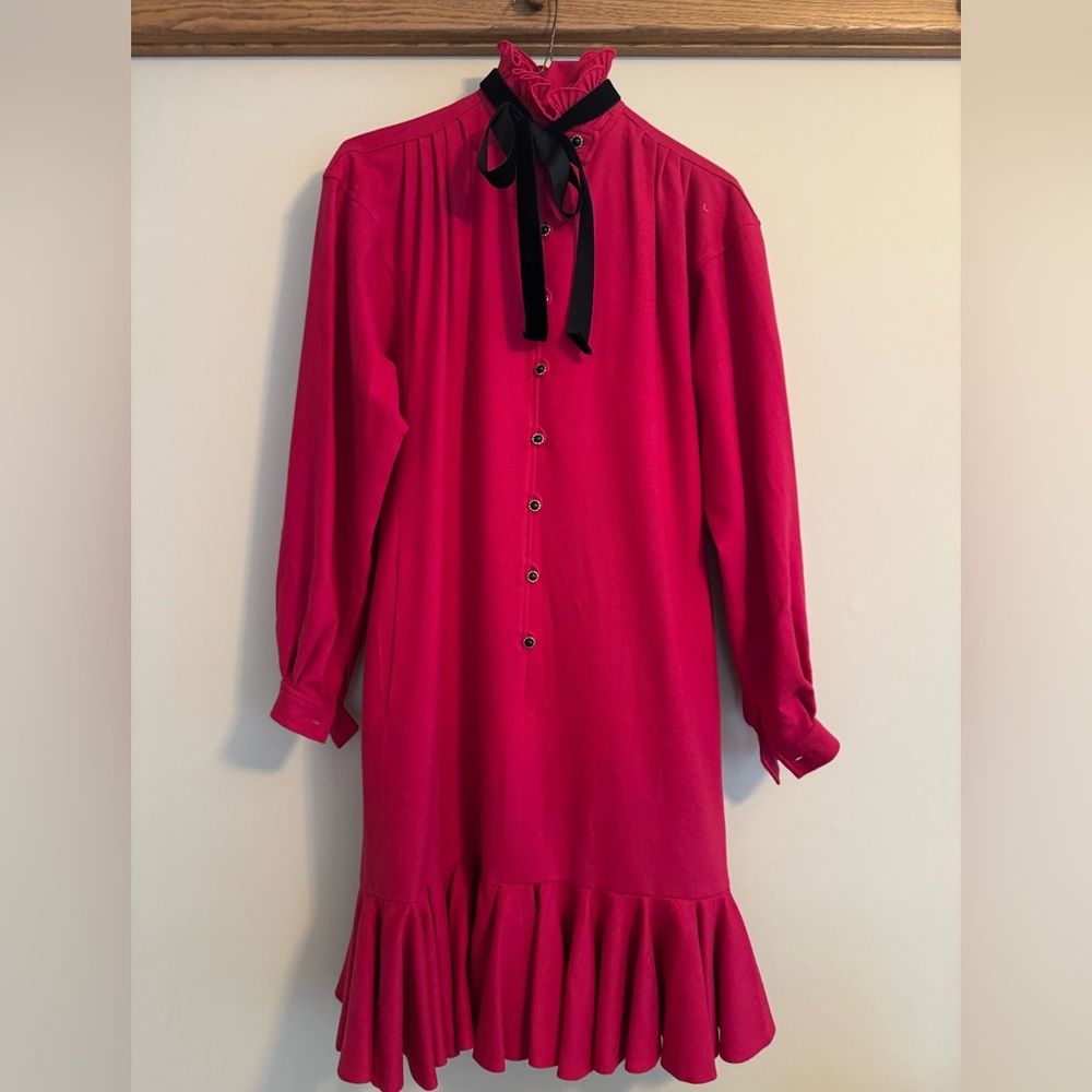 Emanuel Ungaro Red Long Sleeve Wool Dress with Black Accent Buttons